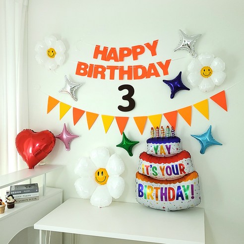 상큼화사 오렌지 펠트 생일가랜드 숫자펠트 전체 호일풍선 구성 생일파티용품 세트, 1세트, 숫자3번