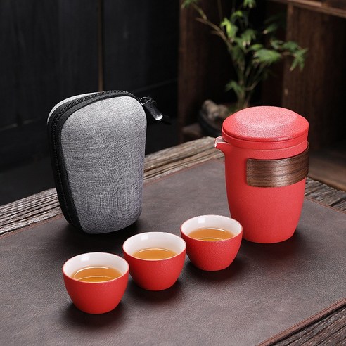 휴대용 여행 차 세트 한 냄비 세 컵 일본 자동차 야외 검은 도자기 빠른 컵 선물 조각, 빨간색