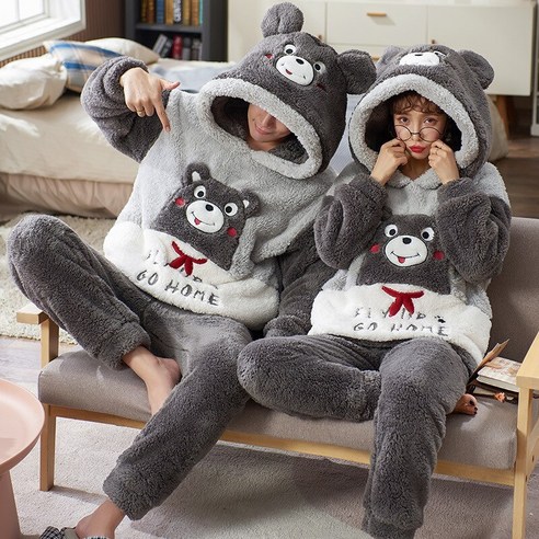 [GUYANI] 겨울 두꺼운 커플 잠옷 세트 여성 남성 잠옷 잠옷 만화 팬더 한국 연인 Homewear 부드러운 따뜻한 Pijama 후드