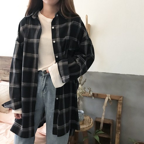 주디엘리 봄 가을 오버핏 빅 체크 패턴 긴팔 셔츠 남방 블라우스