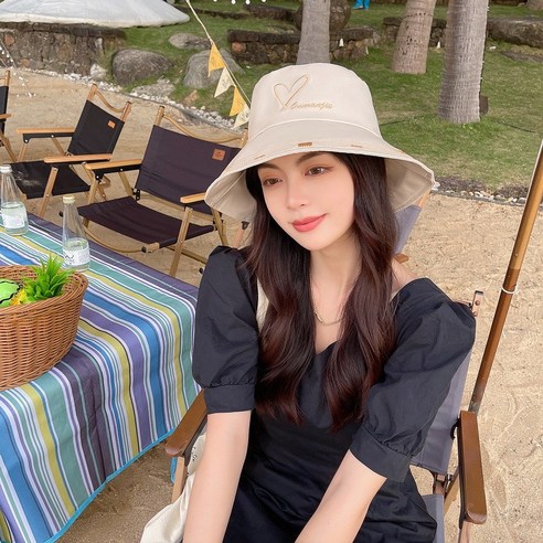뉴 하트 알파벳 세련되고 심플한 일계 어부 모자 여자 여름 테두리 자외선 차단 모자 접을 수 있다, 베이지