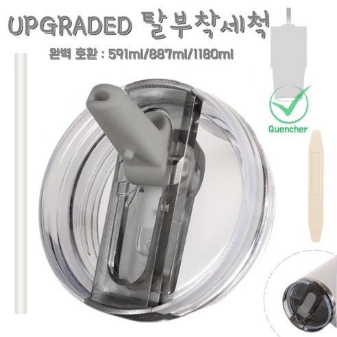 591ml/887ml/1180ml 대용량 텀블러 호환 업그레이드 밀폐 플립 빨대 접이식 뚜껑(분리 가능/청소 간편), 1개, 그레이, 591ml