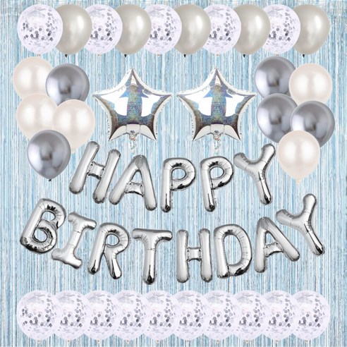 홀로그램 스타 생일축하 은박풍선 파티커튼 세트 [에브리띵스마일] 1214, 1세트, 실버 풍선 스카이블루 커튼