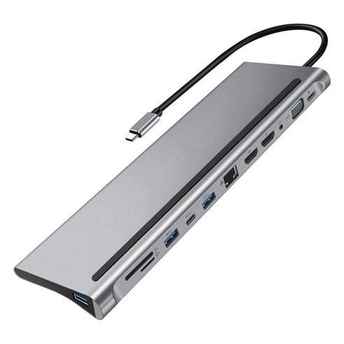 12 in 1 USB C 도킹 스테이션 SD TF 카드 리더 3 USB 3.0 포트, 회색, 80x250x30mm., 알루미늄 합금