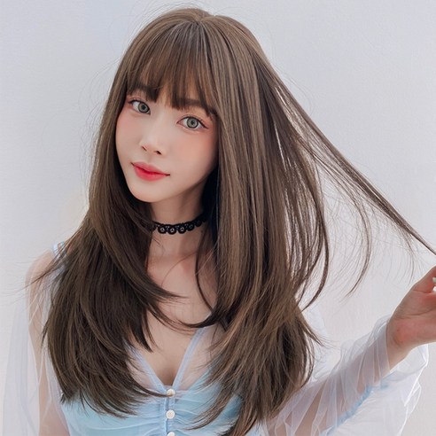 하이유니 레이어드 C컬 펌 롱 헤어 통가발 가발 65cm + 가발망 + 거치대 세트, 쿨브라운