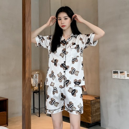 러빙리 커플잠옷 테디베어 반팔 반바지 홈웨어 실크 파자마세트