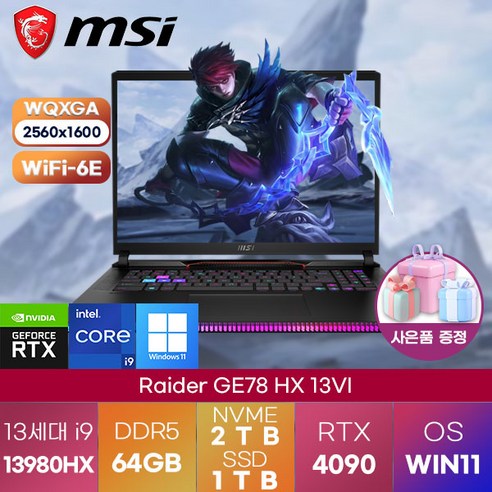 MSI 노트북 Raider GE78 HX 13VI WIN11 게이밍 고성능 노트북, WIN11 Pro, 64GB, 3TB, 코어i9, 블랙