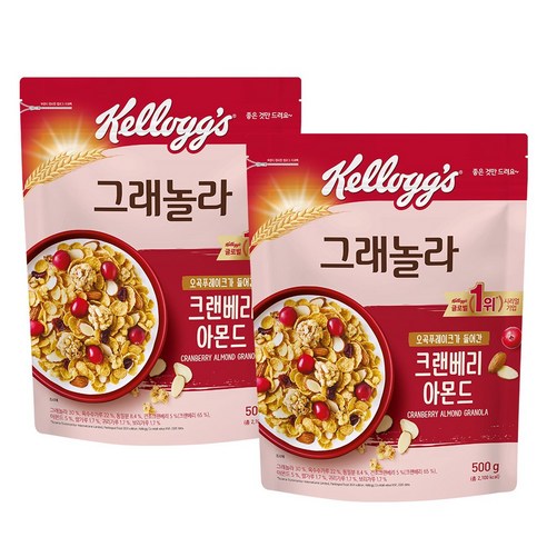 켈로그 크랜베리 아몬드 그래놀라 시리얼, 500g, 2개