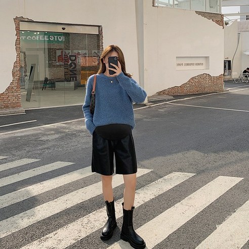 퀸앤조이 미녀77 임부용 지메이 레더 5부 밴딩 버뮤다 반바지