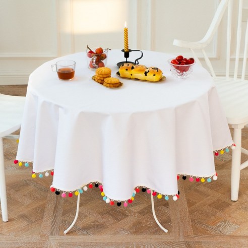 KORELAN 면 마 원 테이블 보 순색 레이스 테이블 보 덮개 차 몇 대 천 식탁 보 대외, 직경 150cm, 순백색 (정교한 레이스)