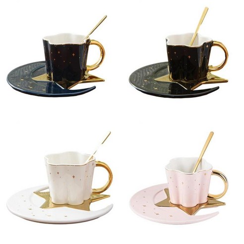 숟가락 금 손잡이 찻잔을 가진 4Pcs 세라믹 별 달 커피 컵 그리고 접시, 9.5cm, 도자기, 여러 가지 빛깔의