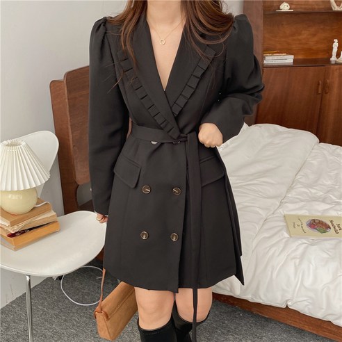 KORELAN 새로운 곰팡이 가장자리 정장 드레스 레이스 업 슬림 핏과 슬림 기질 디자인 중간 코트