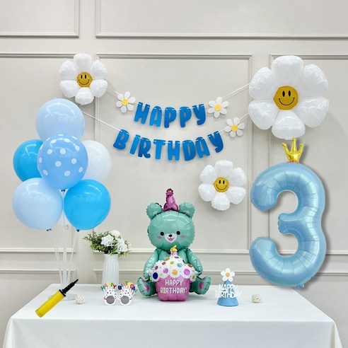연지마켓 데이지 곰돌이 생일 파티 숫자 풍선 가랜드 세트, 3, 1세트, 베어 블루 3