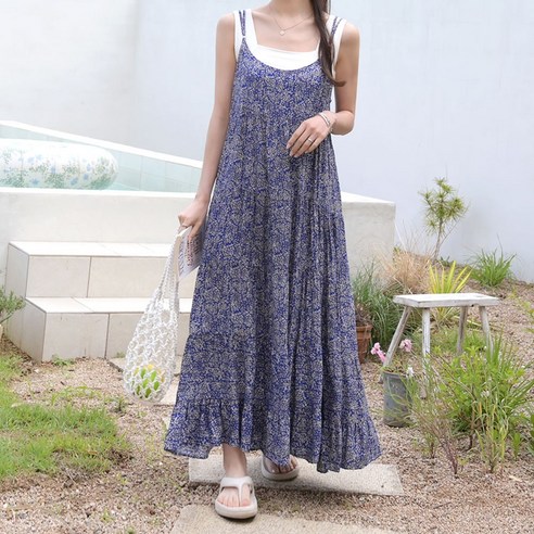 데일리앤 하일리 여름 플라워 캉캉 플레어 뷔스티에 롱 원피스 휴양지