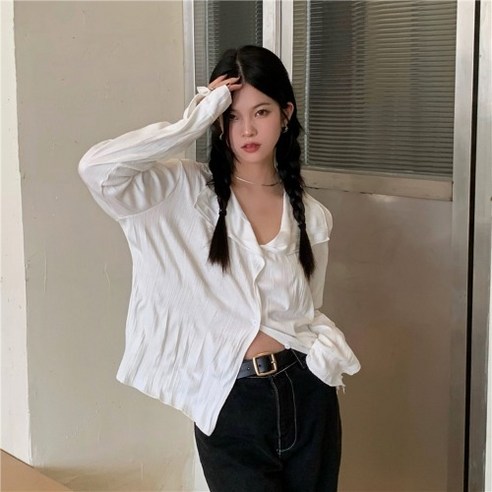 KORELAN 봄 버전 루즈핏 터틀넥 주름 긴팔 셔츠