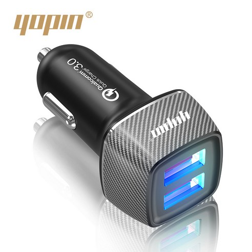YOPIN 새로운 탄소 섬유 QC3.0 고속 충전 차량용 충전기 미니 다기능 듀얼 USB 차량용 충전기, 탄소 섬유 블랙(완전 호환 플래시 충전) 991901