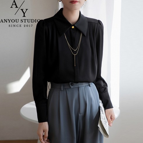 ANYOU 여성 블라우스 춘추복 새틴 커리어 긴팔 셔츠 + 탈부착 목걸이