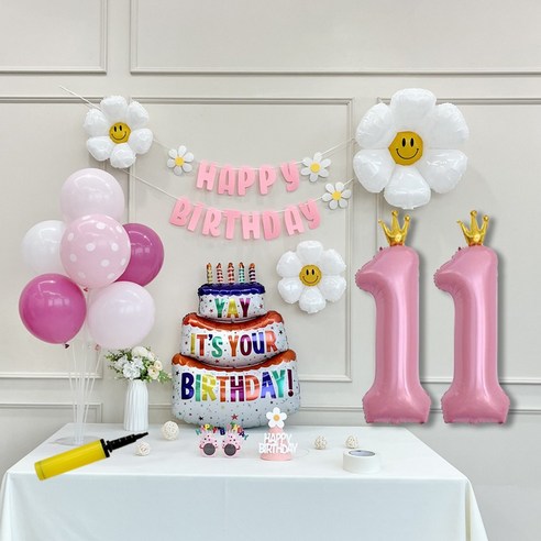 연지마켓 생일 파티 케이크 데이지 왕관 숫자 풍선 가랜드 세트, 1세트, 케이크 핑크B 11