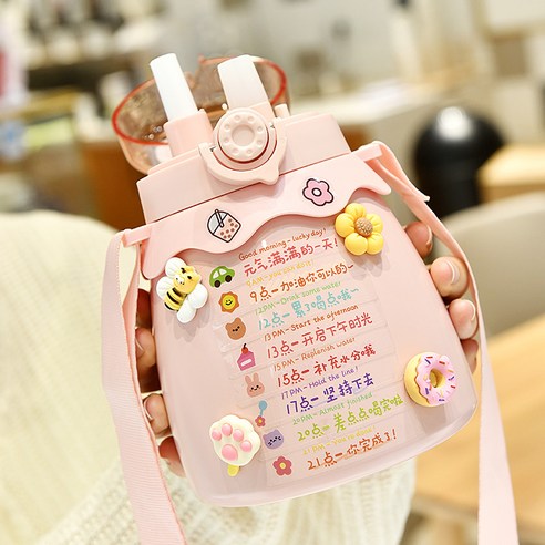 [LM] Kawaii 점보 파스텔 스티커 보온병 스테인레스 스틸 보온병 타임 마커 선물, {"크기":"800ml"}, Pink D
