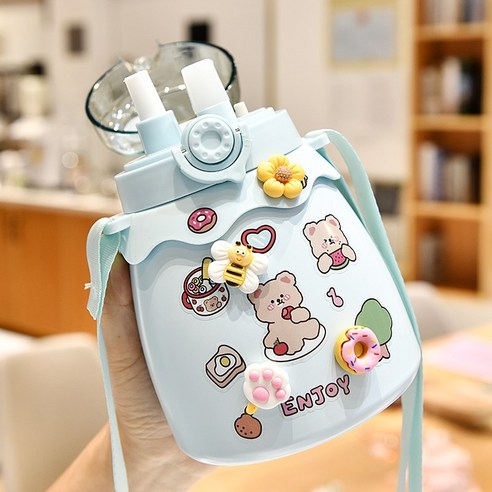 [LM] Kawaii 점보 파스텔 스티커 보온병 스테인레스 스틸 보온병 타임 마커 선물, {"크기":"800ml"}, Blue C