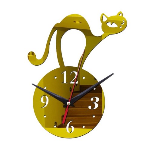 간단한 스타일 고양이 벽시계 거울 작은 시계 석영 시계 배터리 작동 불규칙 홈 장식 침실 실내 학교 읽기 쉬운, 금, 아크릴