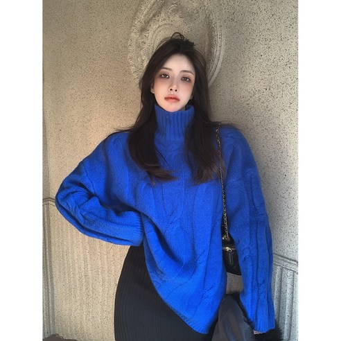 클레인 블루 터틀넥 스웨터 여성 가을 겨울 한국판 빈티지 체크 터틀넥 니트 스웨터