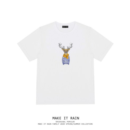 DFMEI 여름 신선한 남자 사슴 라운드 넥 반팔 티셔츠 남성 슬림 만화 반소매 티 한국어 스타일 티셔츠 패션
