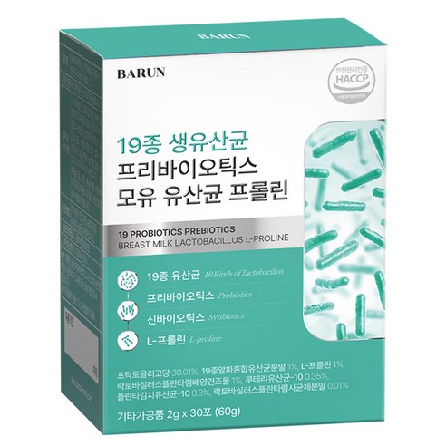 바른 19종 생유산균 프리바이오틱스 모유 유산균 프롤린, 30포, 60g, 1개