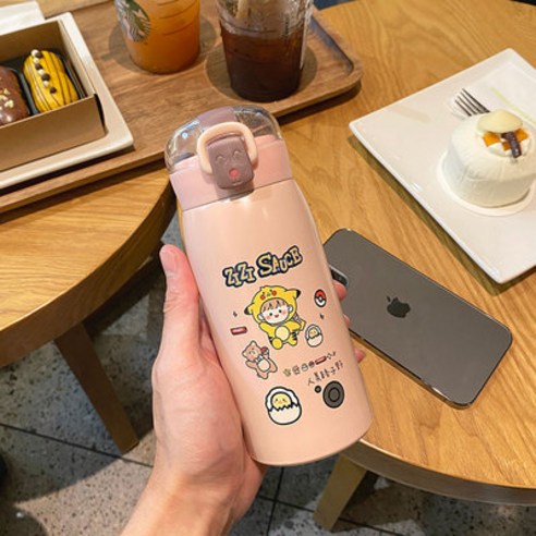 신상품 커버 스트랩 빨대 스테인리스 스틸 텀블러 하이비주얼 학생 물컵 휴대용 진공컵서브 커플 선물, 스몰핑크_350-500ml
