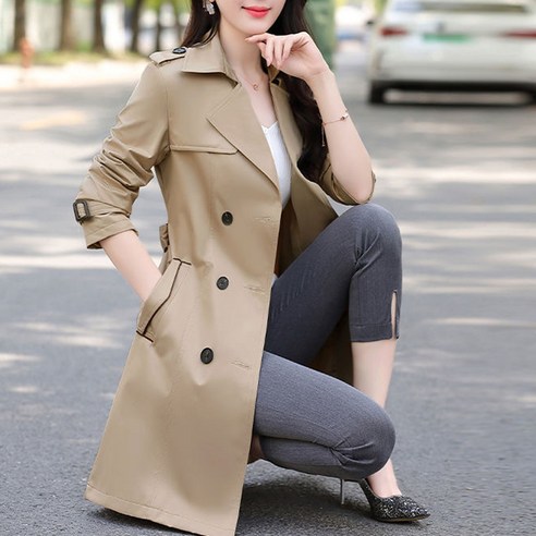 봄 가을 중장형 트렌치코트 여자 슬림핏 더블 버튼 코트