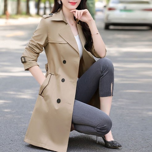 봄 가을 카키 트렌치코트 여자 중장형 얇은 코트