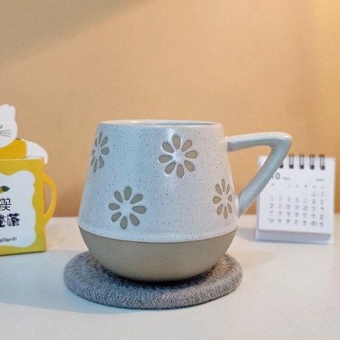 [다나에]거친 도자기 머그잔 아침 우유 커피 컵, 큰 배 컵 작은 꽃, 301-400ml