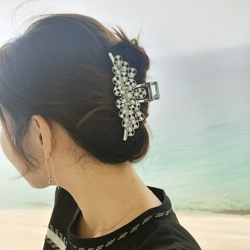 바이진주리본 플로리아 보석 올림머리 헤어 업스타일 메탈 진주 집게핀, 실버 Silver