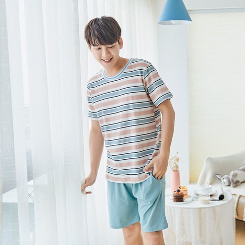 YANG 여름 얇은 면화 커플 잠옷 반팔 반바지 일본식 남성과 여성의 느슨한 면화 야외 홈 착용