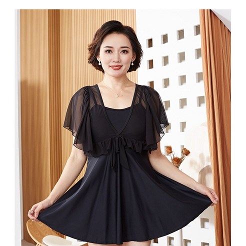 KORELAN 보수 중장년 수영복 배 가리기 야위다 크다 야드 뚱뚱하다 MM 온천 엄마 수영복, 검정색, XL