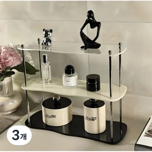 산이내린 아크릴 3단 선반트레이, 투명 + 크림 + 블랙, 3개