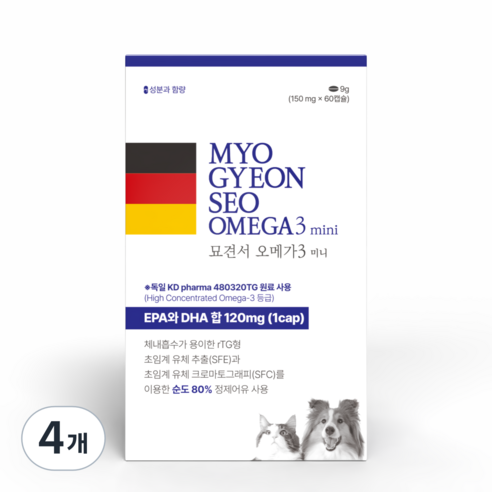묘견서 강아지 고양이 오메가3 미니 3oval 60캡슐 (2개월분) 순도 80% KDpharma 독일 원료, 60정, 심장/간, 4개