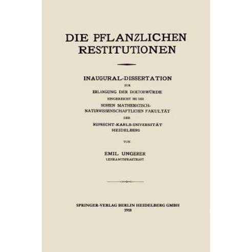 Die Pflanzlichen Restitutionen Paperback, Springer