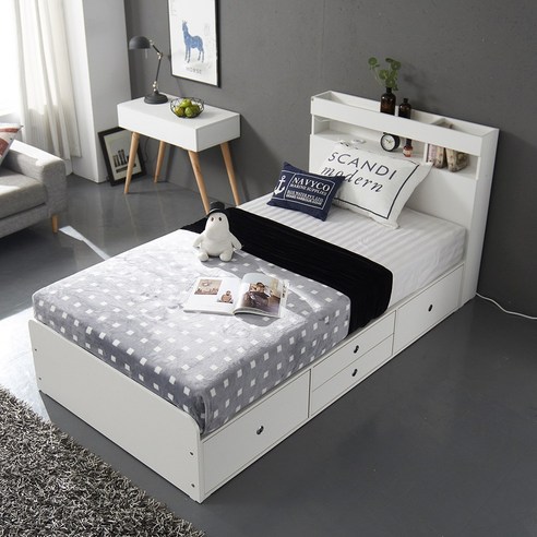 케이컴퍼니 이음LED수납헤드 슈퍼싱글 서랍침대세트(본넬양면매트리스), 화이트메이플