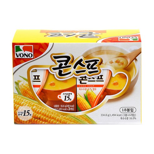 보노 VONO 콘 스프 18입 334.8g (3봉x6개1세트) 간편한 15초 옥수수스프, 1세트