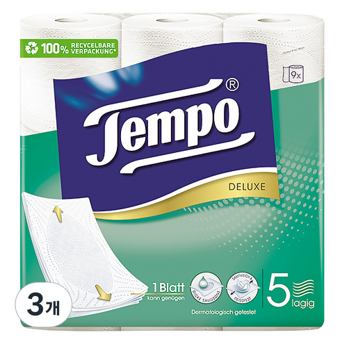 Tempo 천연펄프 5겹 고급롤화장지, 11m, 9롤, 3개