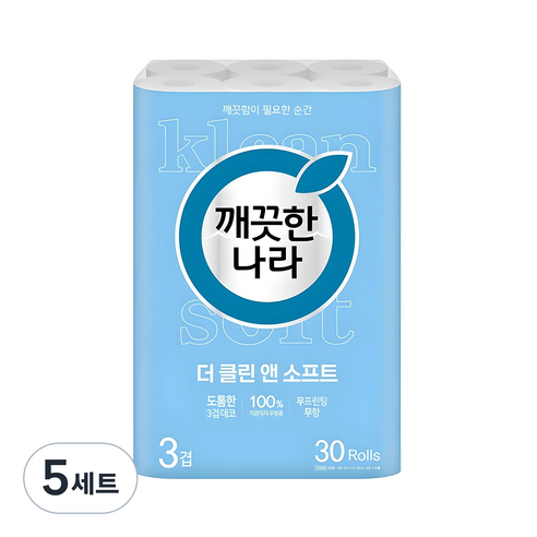 깨끗한나라 3겹 더 클린 앤 소프트 화장지, 5세트, 30개입, 30m