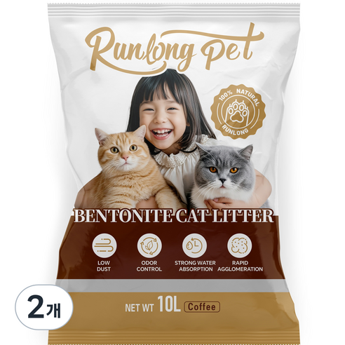 RUNLONG PET 벤토나이트 고양이 모래 오리지널 대용량 먼지없는 캣 샌드, 커피 맛, 2개, 10L