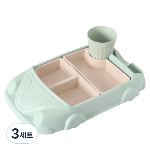 레디박스 가정용 유치원 이유식 어린이 자동차 식판, 그린, 3세트, 식판+컵