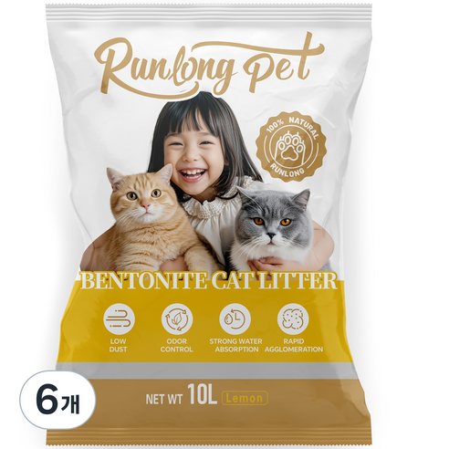 RUNLONG PET 벤토나이트 고양이 모래 오리지널 대용량 먼지없는 캣 샌드, 레몬맛, 6개, 10L