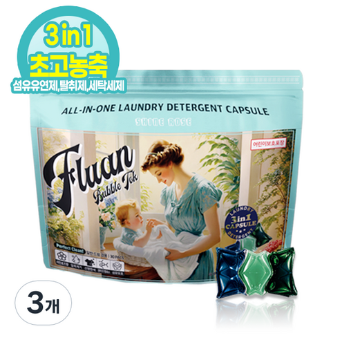 샤인로즈향 플루앙 캡슐세제 세탁세제 섬유유연제 탈취제 통돌이 드럼 겸용, 3개, 30개입