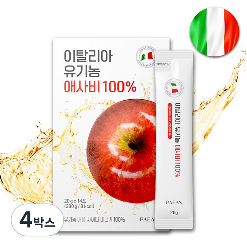 의사 설계 이탈리아 유기농 애사비 100프로 사과초모식초 애플사이다비니거 스틱, 4박스, 280g