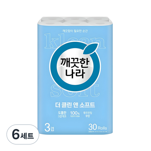 깨끗한나라 3겹 더 클린 앤 소프트 화장지, 6세트, 30개입, 30m