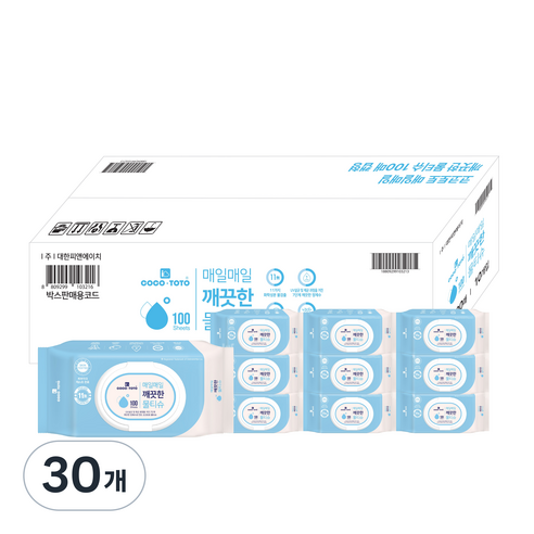 코코토토 매일매일 깨끗한 물티슈 캡형, 30개, 100매, 35g