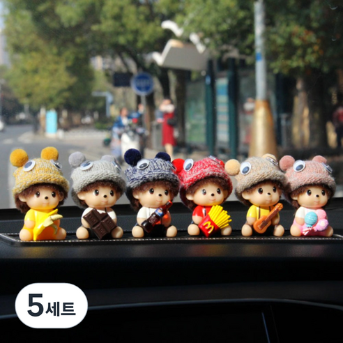 니트모자 감성 인형 3종 차량 대시보드 포인트 소품+논슬립패드, 5세트, 피규어 3형제+ 논슬립패드